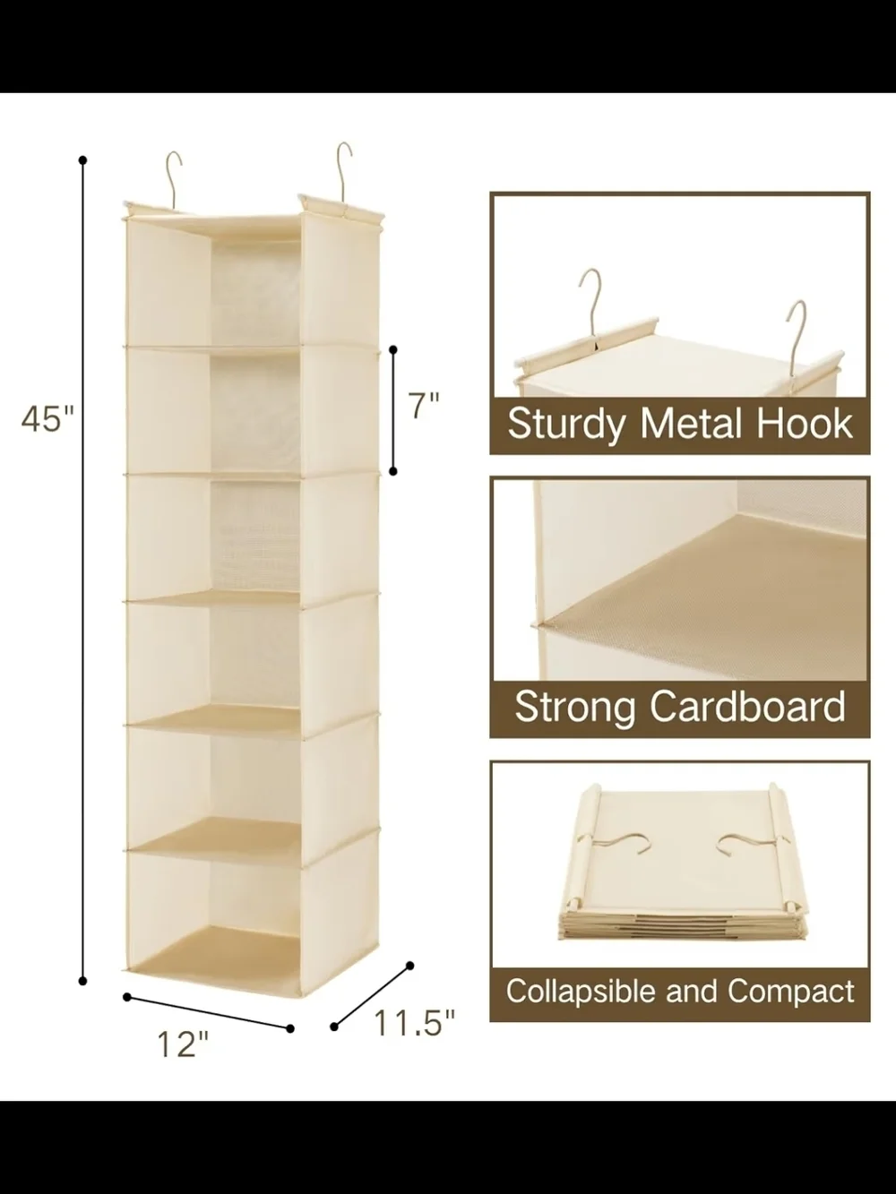 Cream Hanging Closet Organizer - 6-Shelf Home Storage
